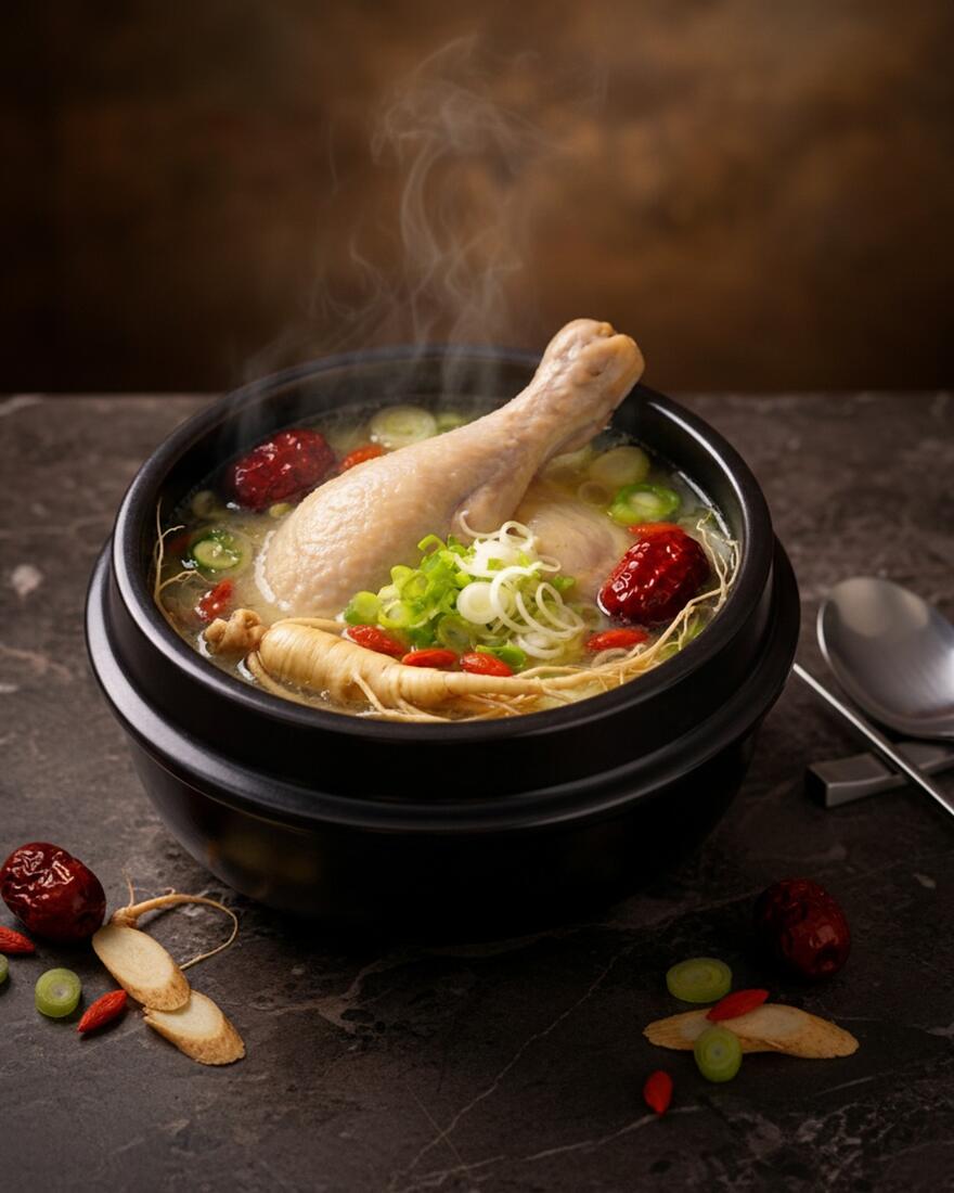 A steaming pot of OMMA ginseng chicken soup with a whole chicken leg, jujubes and spring onion